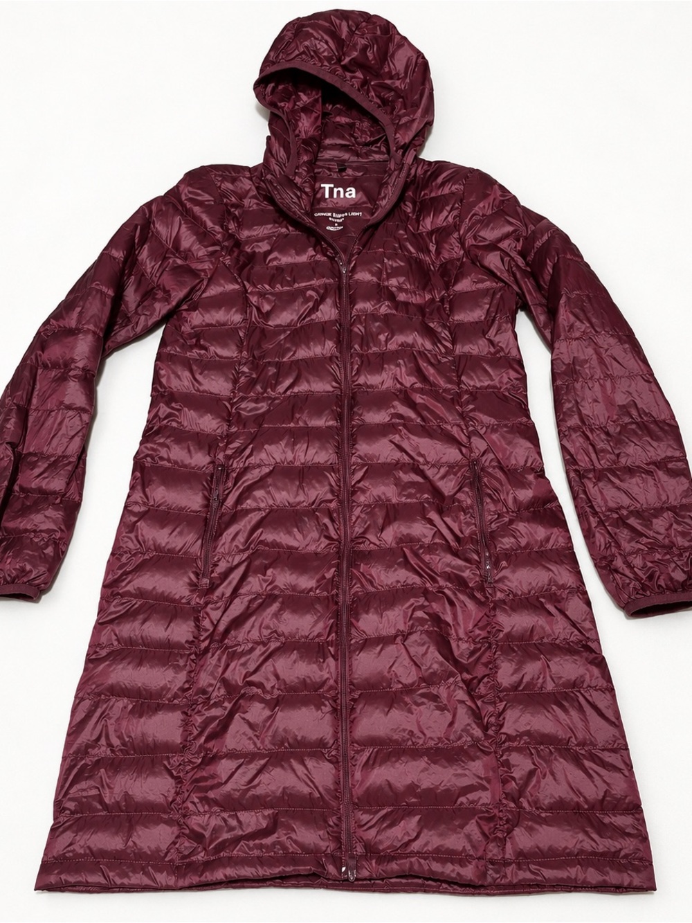 TNA Long Hooded Quilted Puffer Coat - Burgundy